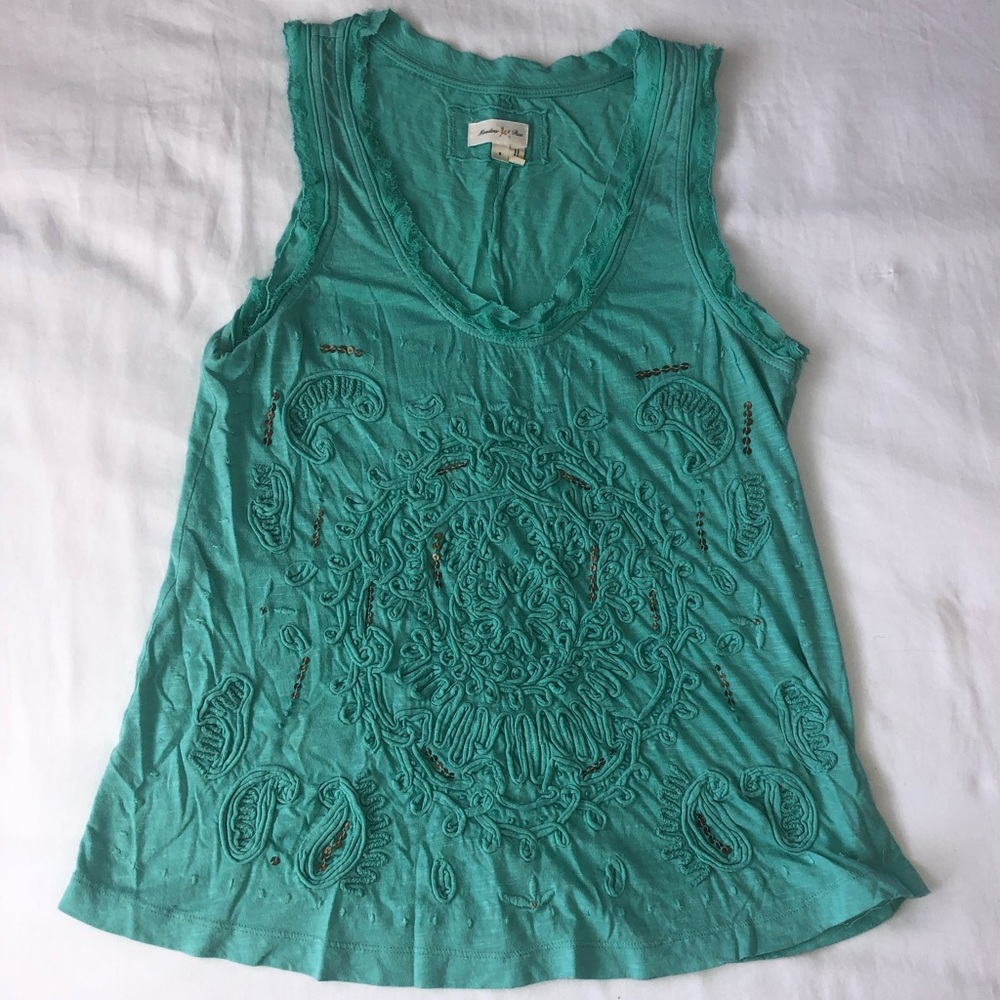Anthropologie Teal Embroidered Tank Top